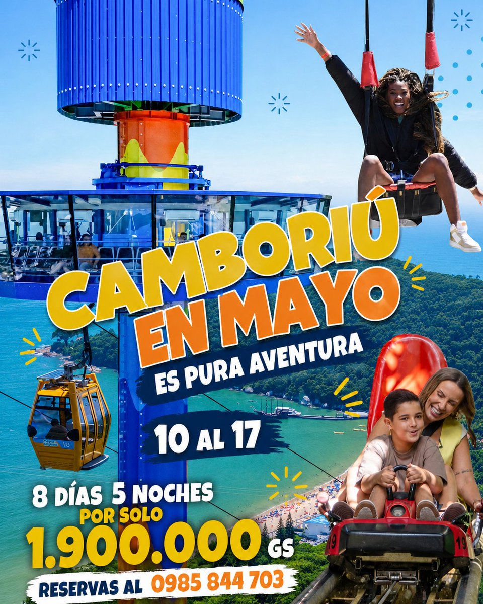 Camboriu en Mayo es pura Aventura ☺️

Salimos el 10 de Mayo desde el Km 5, Asunción.

Pedí el Cronograma de Actividades al 0985 844 703 y viaja 8 Dias 5 Noches por solo 1.900.000 gs.