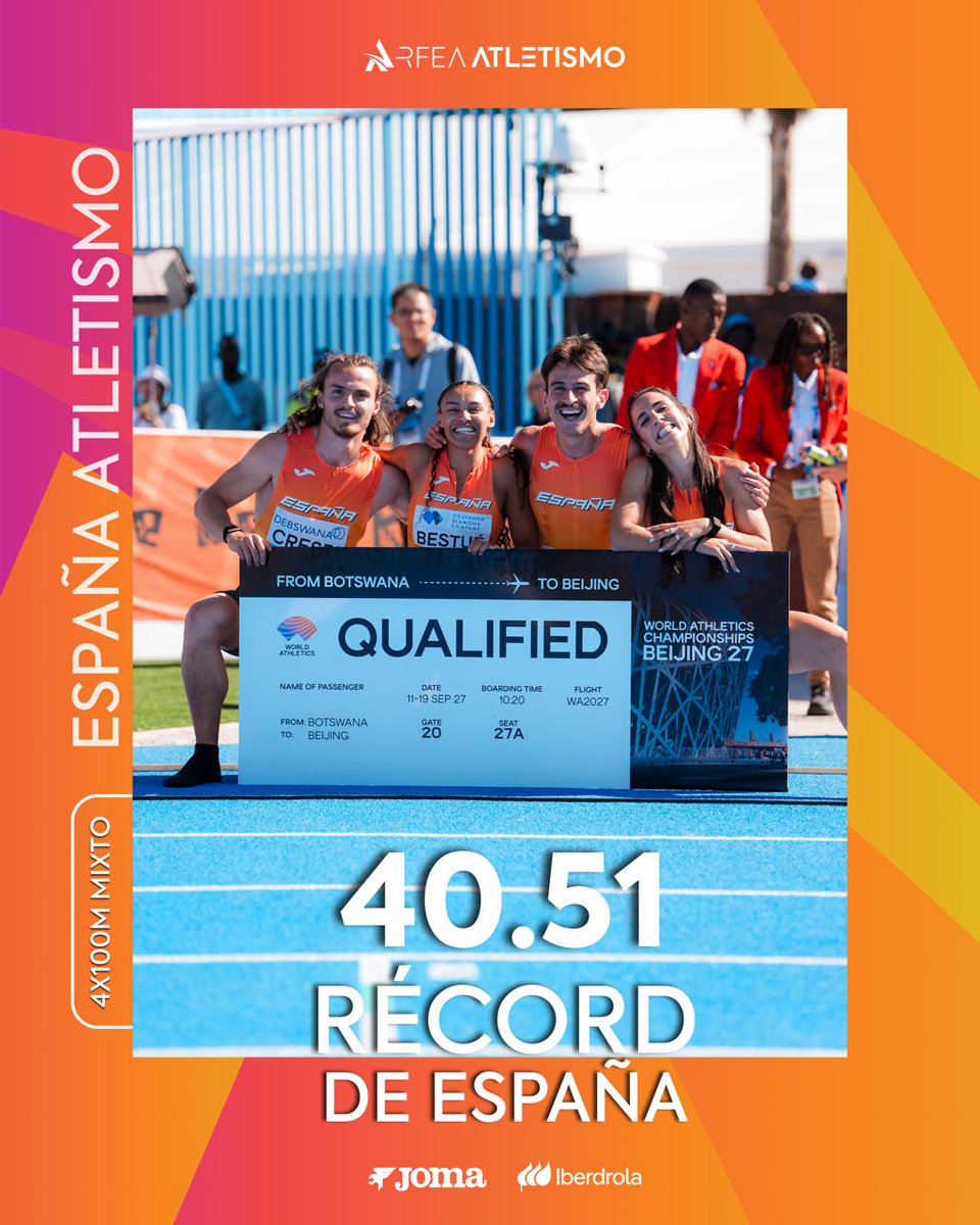 atletismoRFEA's tweet photo. COMIENZO ESPECTACULAR DE 🇪🇸 #EspañaAtletismo 

3⃣ premios de una tacada en el relevo 4x100 mixto

Guillem Crespí 🤝 @Misabel_perez 🤝Andoni Calbano @JaelBestue

✅ Clasificados para la final Gaborone 2026
✅ Clasificados para el Mundial de Beijing 2027  ✅RÉCORD DE ESPAÑA 4⃣0⃣. 5⃣1⃣

Abren la cronología histórica en esta prueba

ENHORABUENA  👏👏👏👏 Esto funciona y muy bien

#PasiónPorCompetir
📊 https://t.co/22VkQv71Fx
📺 @teledeporte