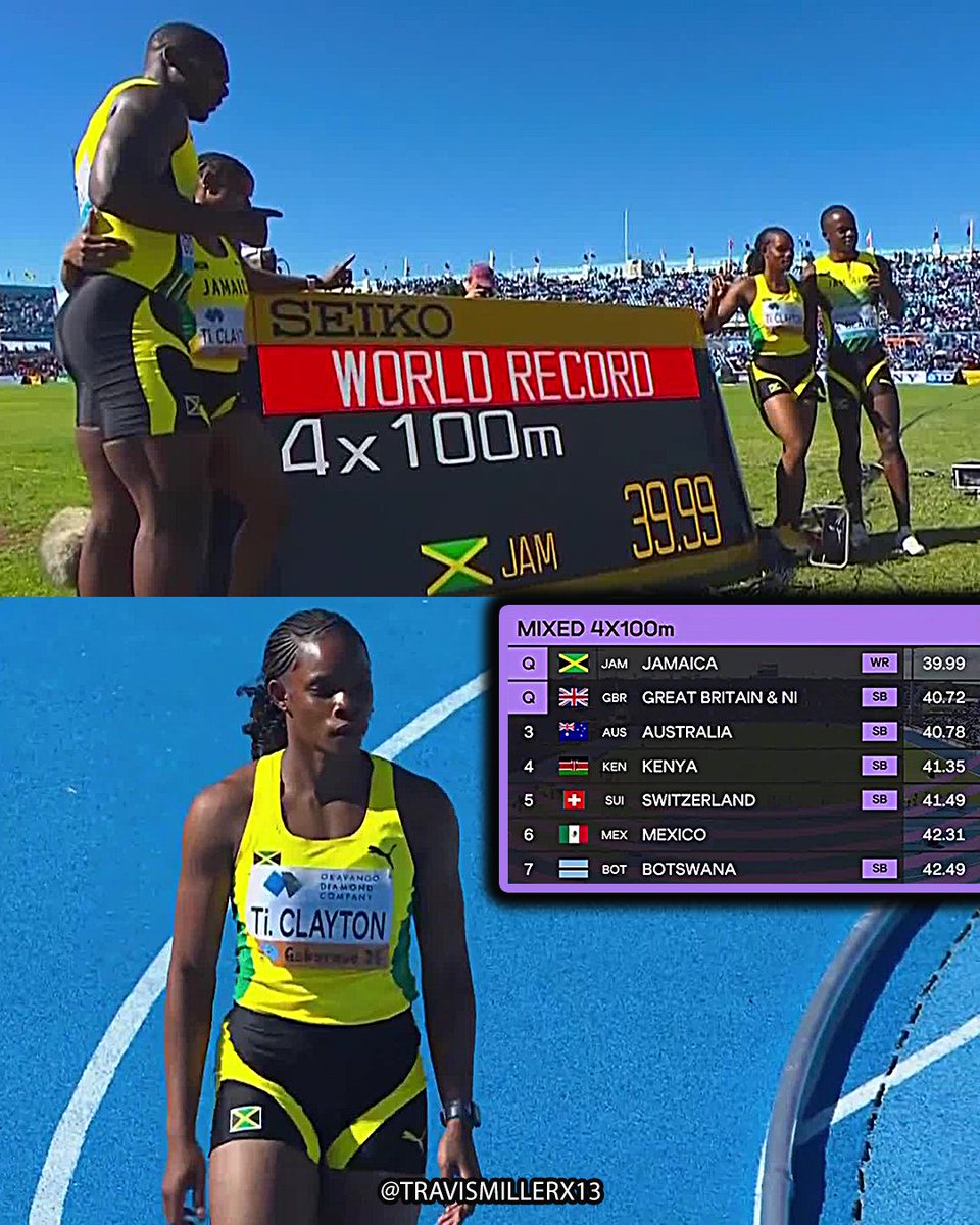🇯🇲Jamaica becomes first mixed 4x100m in HISTORY to run sub-40s with a 39.99 world record in the final qualifying heat! #WorldRelays