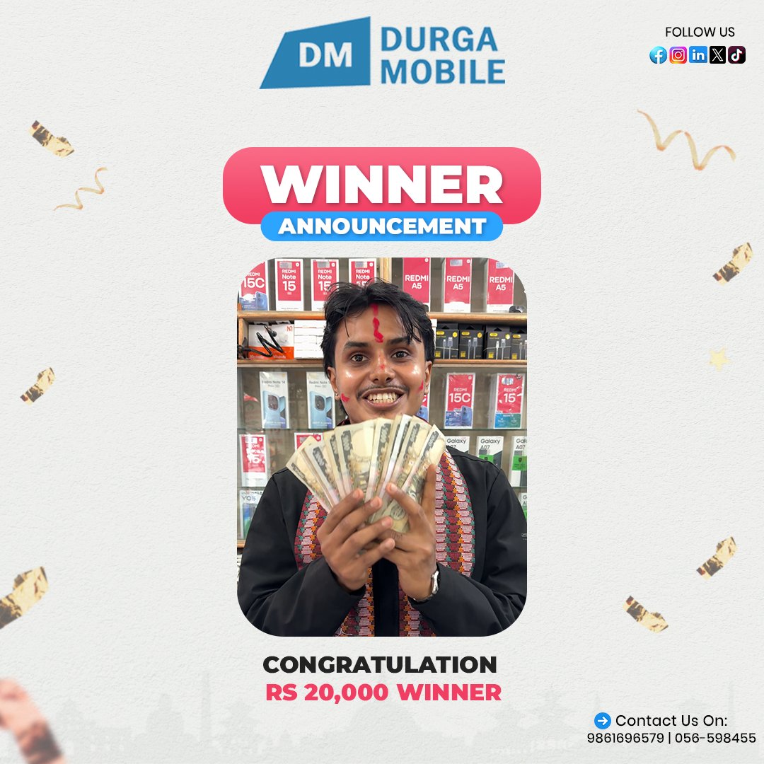 imDurgaMobile's tweet photo. 🎉 Congratulations to our lucky winner!
💰 Rs 20,000 CASH PRIZE Winner Announced ( Baisakh )

📱 Shop at DurgaMobileHouse &amp; get a chance to win
🎁 Every Month Giveaway
🔥 Next winner could be YOU!

☎️ 9861696579 | 056-598455
📍 Indradev Margh Narayangarh
📩 DM US FOR MORE INFO https://t.co/XyonCbLmOH