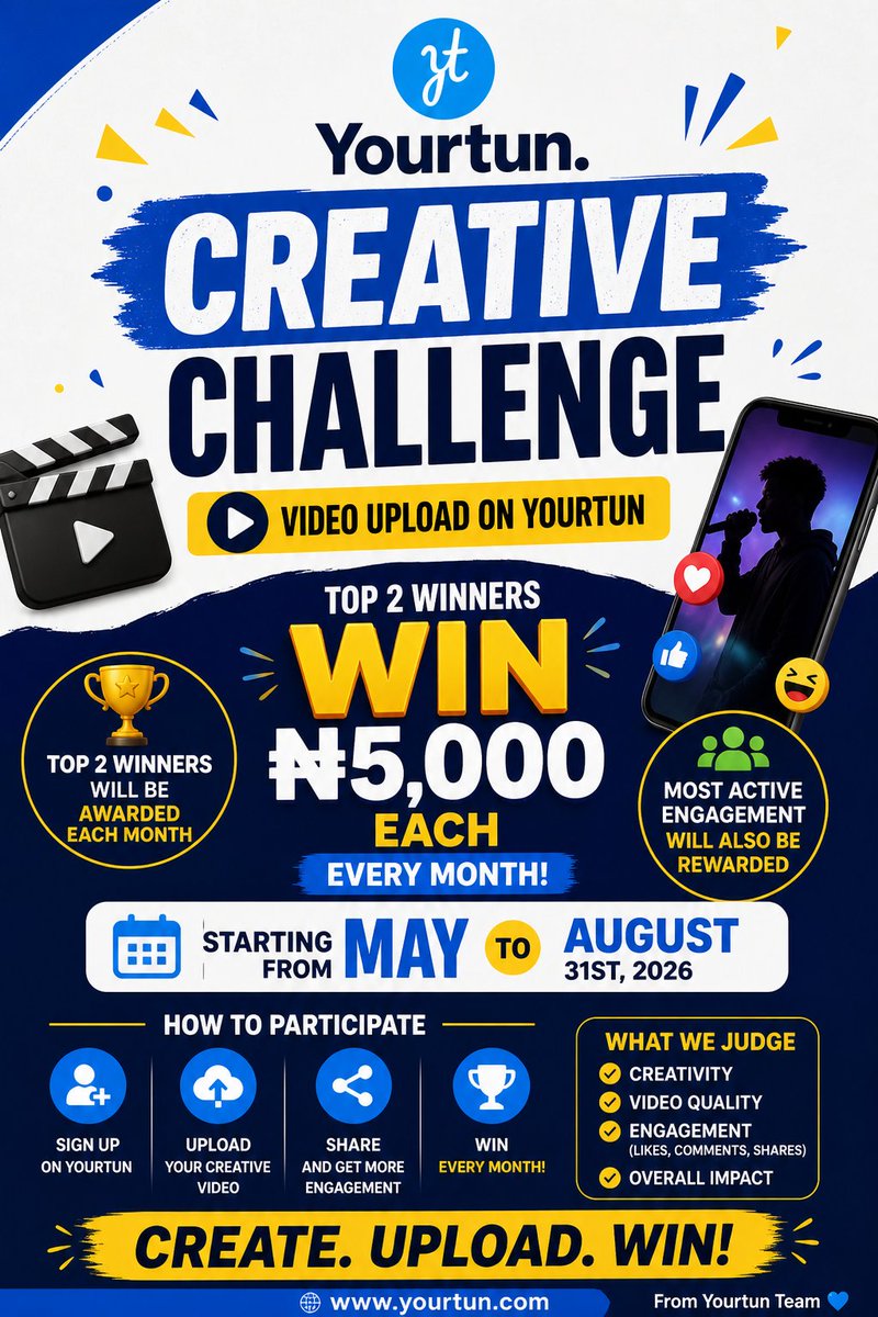 EMMANUELAD63258's tweet photo. π₯ YOURTUN CREATIVE CHALLENGE π₯
Top 2 Winners win β¦5,000 each every month!
π
May β August 31st, 2026
β¨ Most Active Engagement also gets rewarded
Create. Upload. Engage. Win.
π https://t.co/NG9uaWJC91
#Yourtun #CreativeChallenge #WinCash #Top2Winners https://t.co/3kaCkejOYl