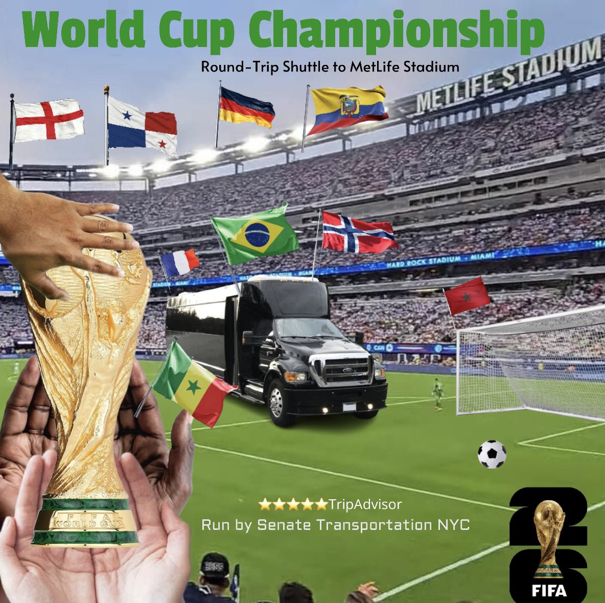 SenateTransport's tweet photo. @ActuFoot_ Book a $65.00 ROUND-TRIP seat to
-Hard Rock Stadium from #SouthBeach
-MetLife Stadium from #Manhattan
-Lincoln Financial Field from #CenterCity
Get in and Get out of the #WorldCup ⚽️
PREARRANGE your reservation TODAY!
Simply Google Senate Transportation and the city! https://t.co/Cnlz19uZkF