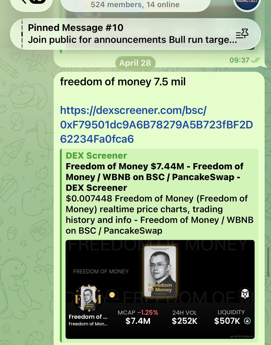 zeromarket00's tweet image. 46% up #FREEDOMOFMONEY  called 7.5 now 11 million, another win in paid #Vip group 

Dm in telegram to join paid #Vip group @migglesboy 

$BNB #BSC #memecoins