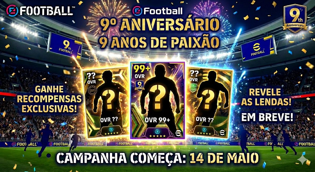 A partir de 14 de Maio começa a campanha do 9° aniversário do efootball mobile.
Teremos boxes de alguns show time e 1 contrato selecionado.
Além de login para moedas efootball.