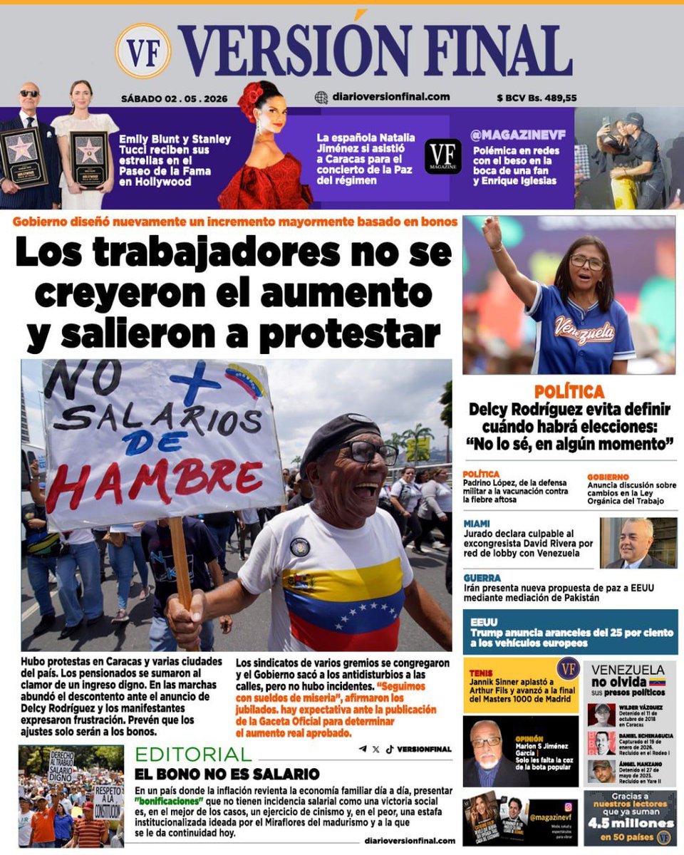 VersionFinal's tweet image. #02May | Portada del día 🗞️

Para más información, léelo en VF 📲 diarioversionfinal.com

#Maracaibo #Zulia #Venezuela #Noticias