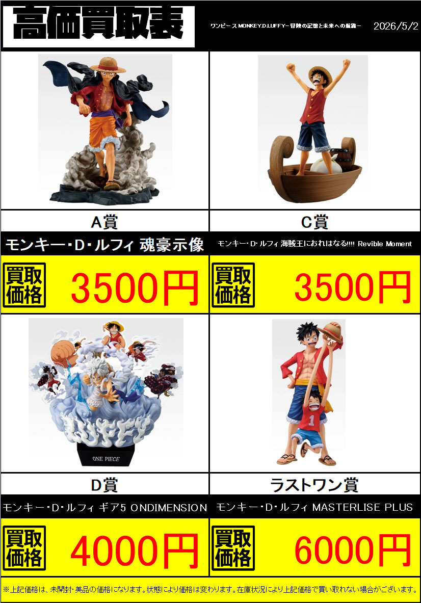新作買取情報】 一番くじ ワンピース MONKEY.D.LUFFY－冒険の記憶と