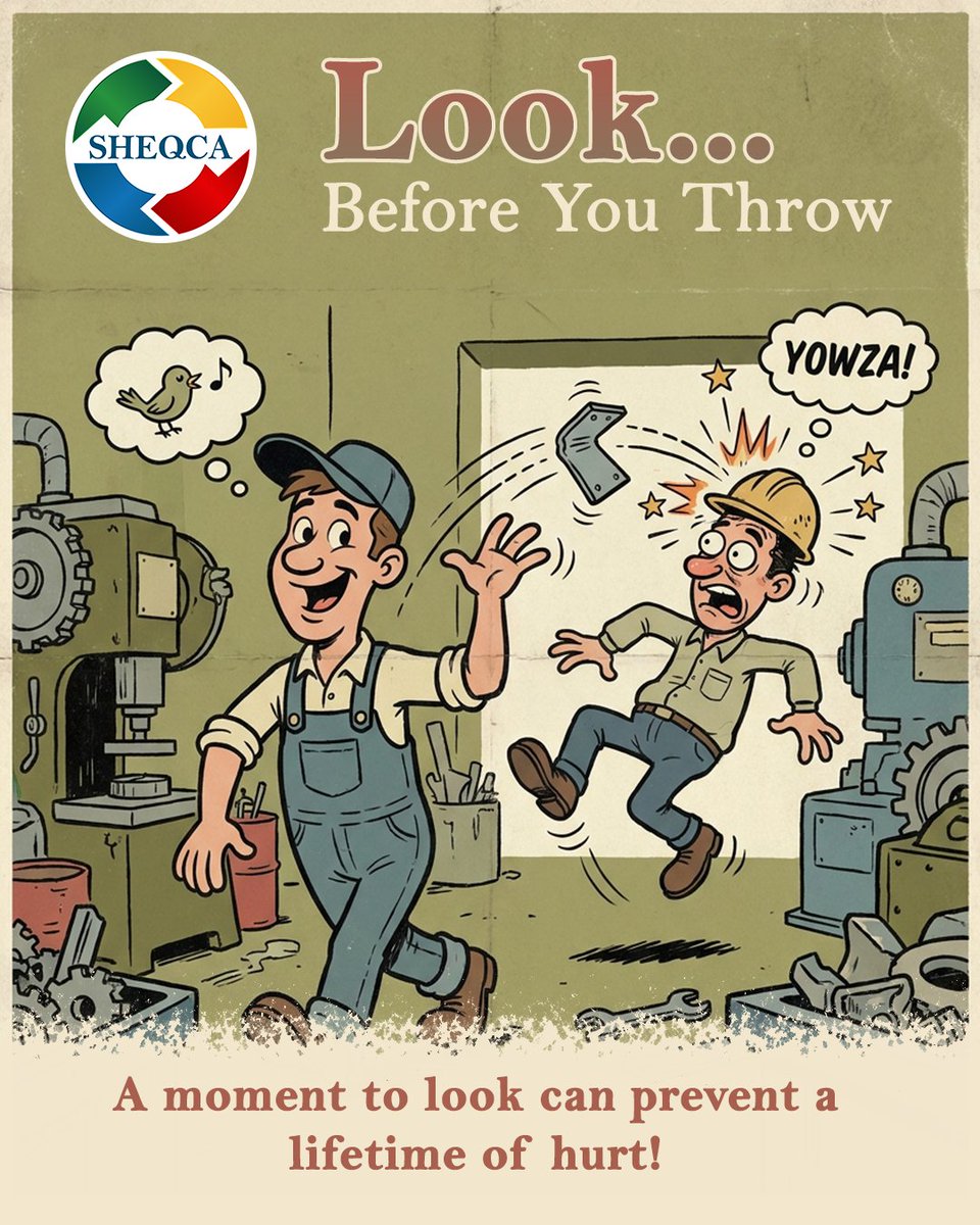 sheqca's tweet image. Think before you throw. ⚠️

A careless action at the workplace can cause serious injuries in seconds. Always check your surroundings before tossing tools, materials, or debris.

#WorkplaceSafety #SafetyFirst #StayAlert #IndustrialSafety