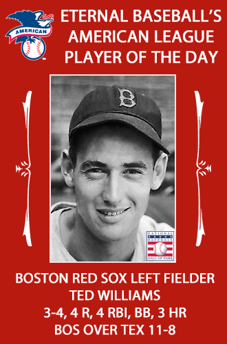 BaseballEternal's tweet image. Red Sox left fielder Ted Williams walked and crushed three home runs to drive in four runs as Boston beat Texas 11-8 today in Eternal Baseball. You can see all the box scores on the team-specific message boards at eternalbaseball.com #DirtyWater