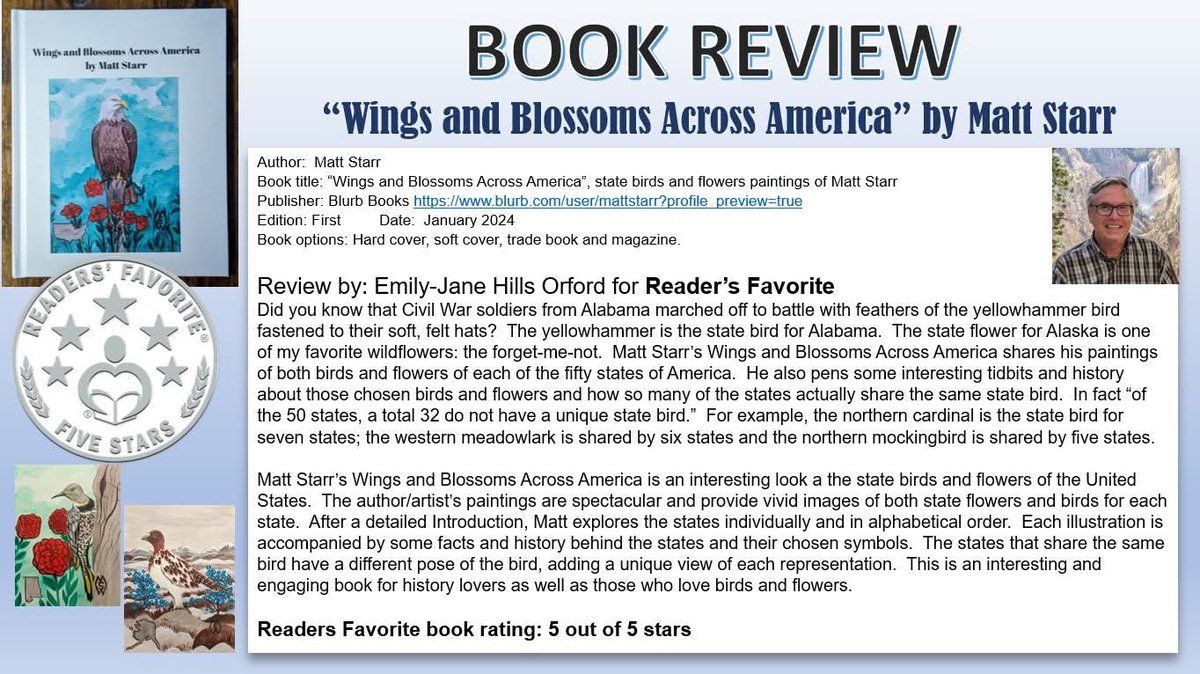MattStarrFineA1's tweet image. I’d like to share this book review about my book of state bird and flower paintings, “Wings and Blossoms Across America.”  blurb.com/user/mattstarr…   

#mattstarrfineart #birds #book #books #bookreview #booklover #bookworm #reader #read #library #nature #bird #birds #flower