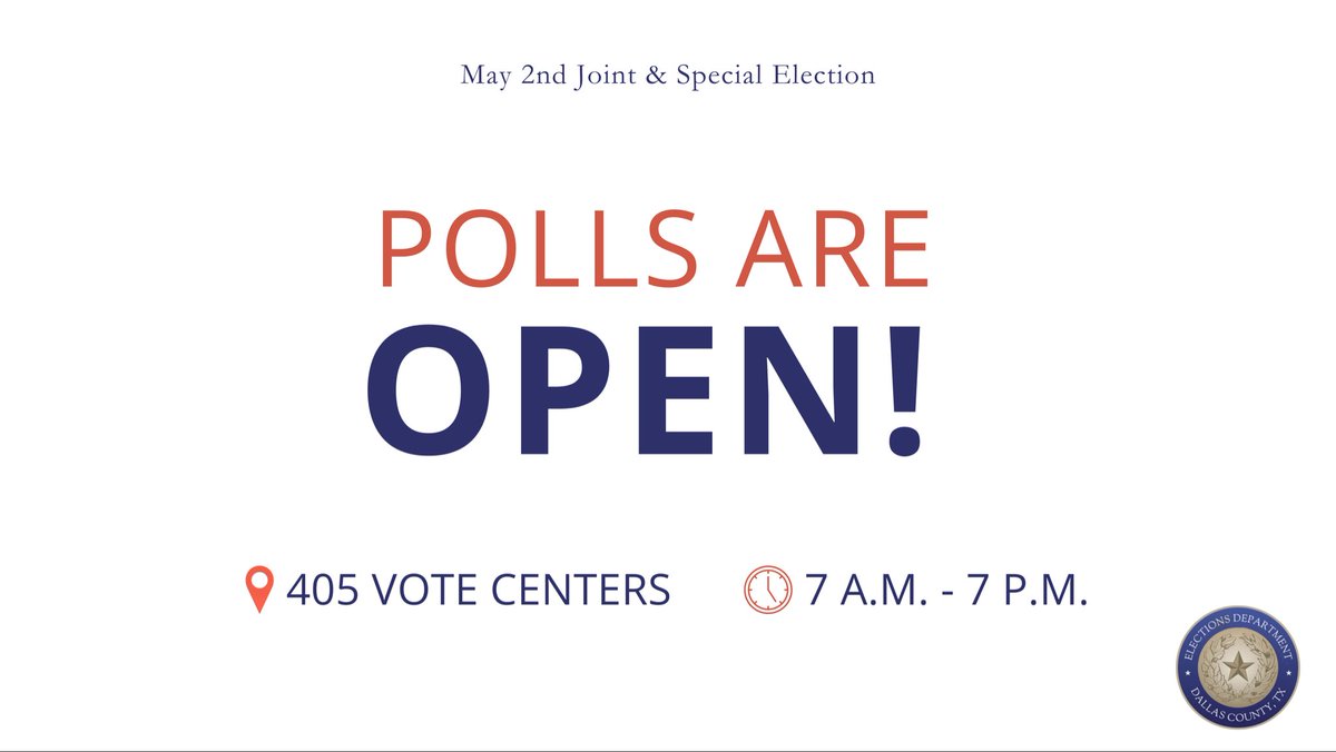 DallasElections's tweet photo. It's finally ELECTION DAY! 🗳️

And there are over 405 Election Day Vote Centers across Dallas County.

📍Vote Center Finder: https://t.co/0720BYOLoZ
📄 Sample Ballot: https://t.co/vfSmsd5mFx
💻 More Information: https://t.co/M9VEb8beCu

#DallasCountyVotes #LocalElections https://t.co/EPUiHIcAu9