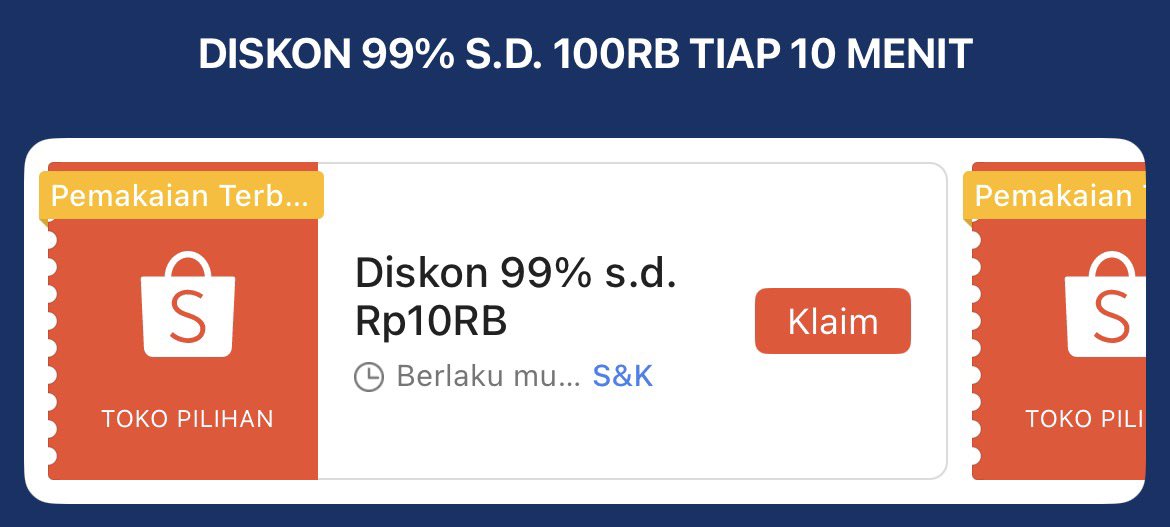 updatediskonan's tweet photo. PROMO PUNCAK SHOPEE 5.5

• 4 Mei (20.00 - 23.00): Diskon 100RB (Minbel 200RB).

• 5 Mei (00.00 - 00.50): Diskon 99% (s.d 100RB).
• 5 Mei (Jam 08, 12, 15, 20): Diskon 99% (s.d 100RB).

Klaim di sini semua vouchernya: https://t.co/5OTTsKQrsm https://t.co/LWuQNmR1oc