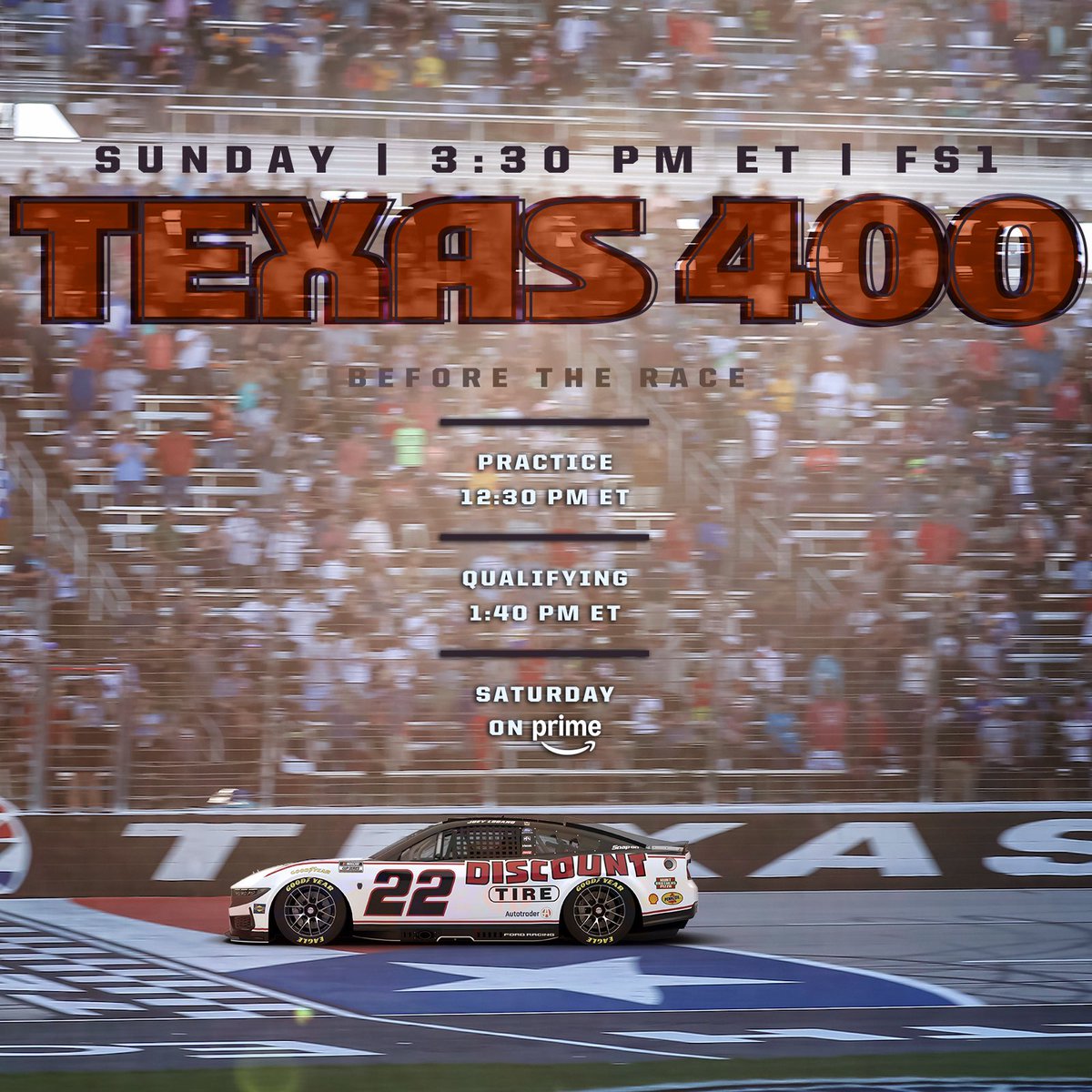 joeylogano's tweet image. On-Track Action in Texas | #NASCAR

SATURDAY:
12:30p ET - Practice | 1:40pm ET - Qualifying: on @PrimeVideo 

SUNDAY: 
3:30pm ET - Green Flag on @FS1 / @NASCARONFOX