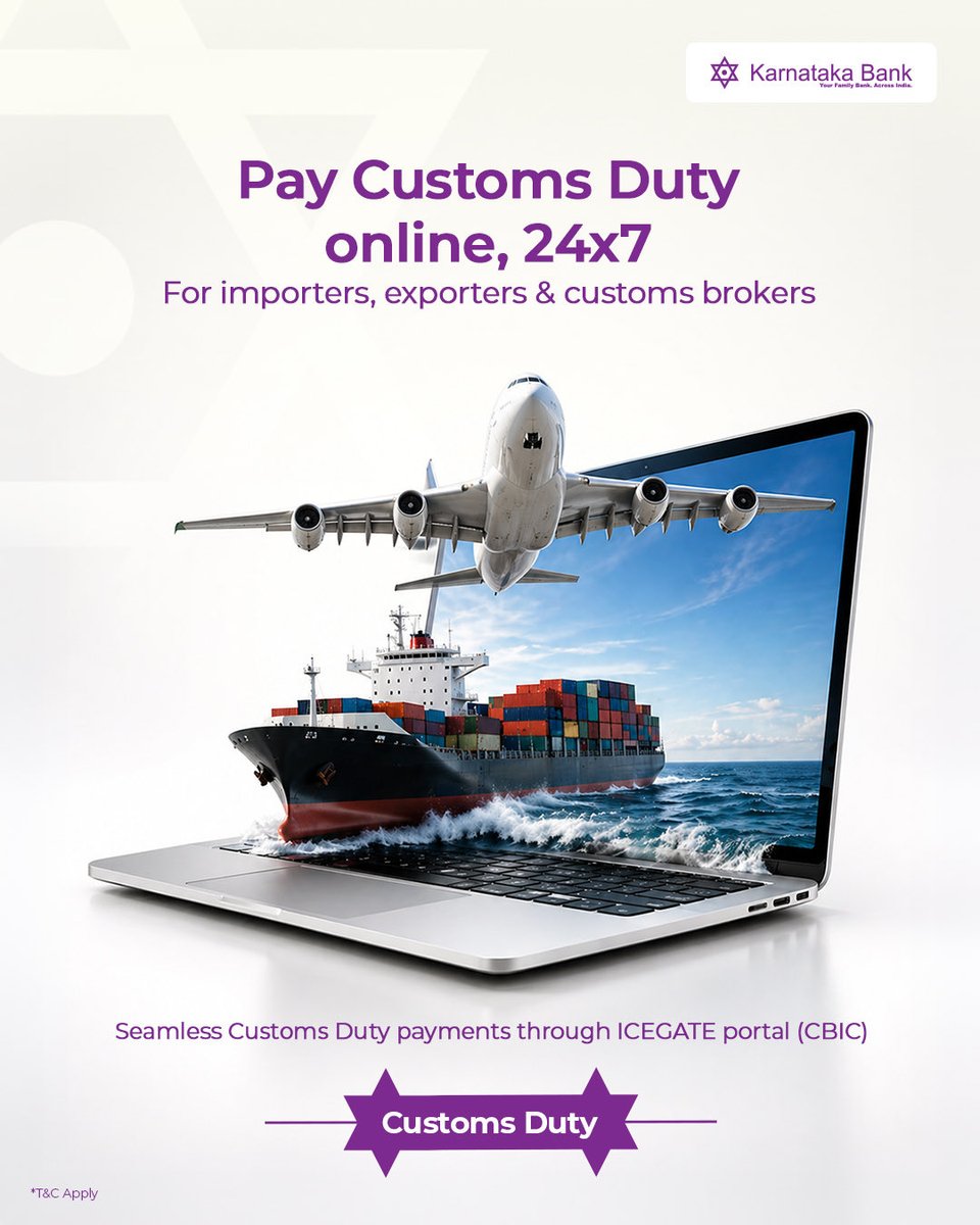 KarnatakaBank's tweet image. Keep your trade moving without delays.
With Karnataka Bank, make customs duty payments easily through Internet Banking and manage your transactions with efficiency.

#KarnatakaBank #CustomsDuty #DigitalPayments #SmartBanking #TradeFinance

[Karnataka Bank, Customs Duty Payments,