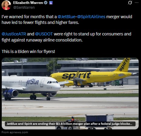 tampafreepress's tweet image. Spirit Airlines Collapse Turns Massachusetts Sen. Elizabeth Warren’s "Biden Win" Into Travel Chaos #spirit #warren #biden #dot 
Read here: tampafp.com/spirit-airline…