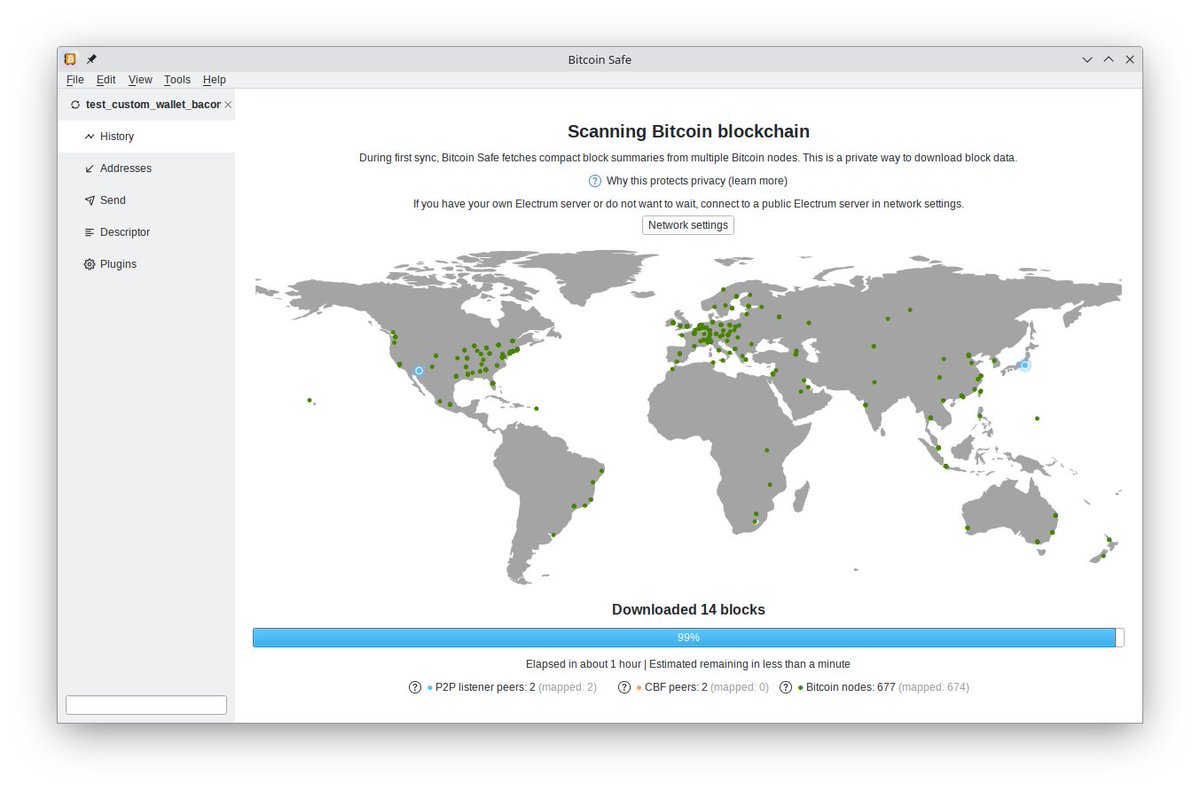 BitcoinSafeOrg's tweet photo. Big things are happening in Bitcoin Safe

Compact Block Filters for everyone by default is merged: 
https://t.co/Pq4gYItHI8

- private sync by default
- connecting to bitcoin nodes directly
- no central (electrum) server needed
- fast sync times  (only initial sync about 30min) https://t.co/ENnhFgTF7H
