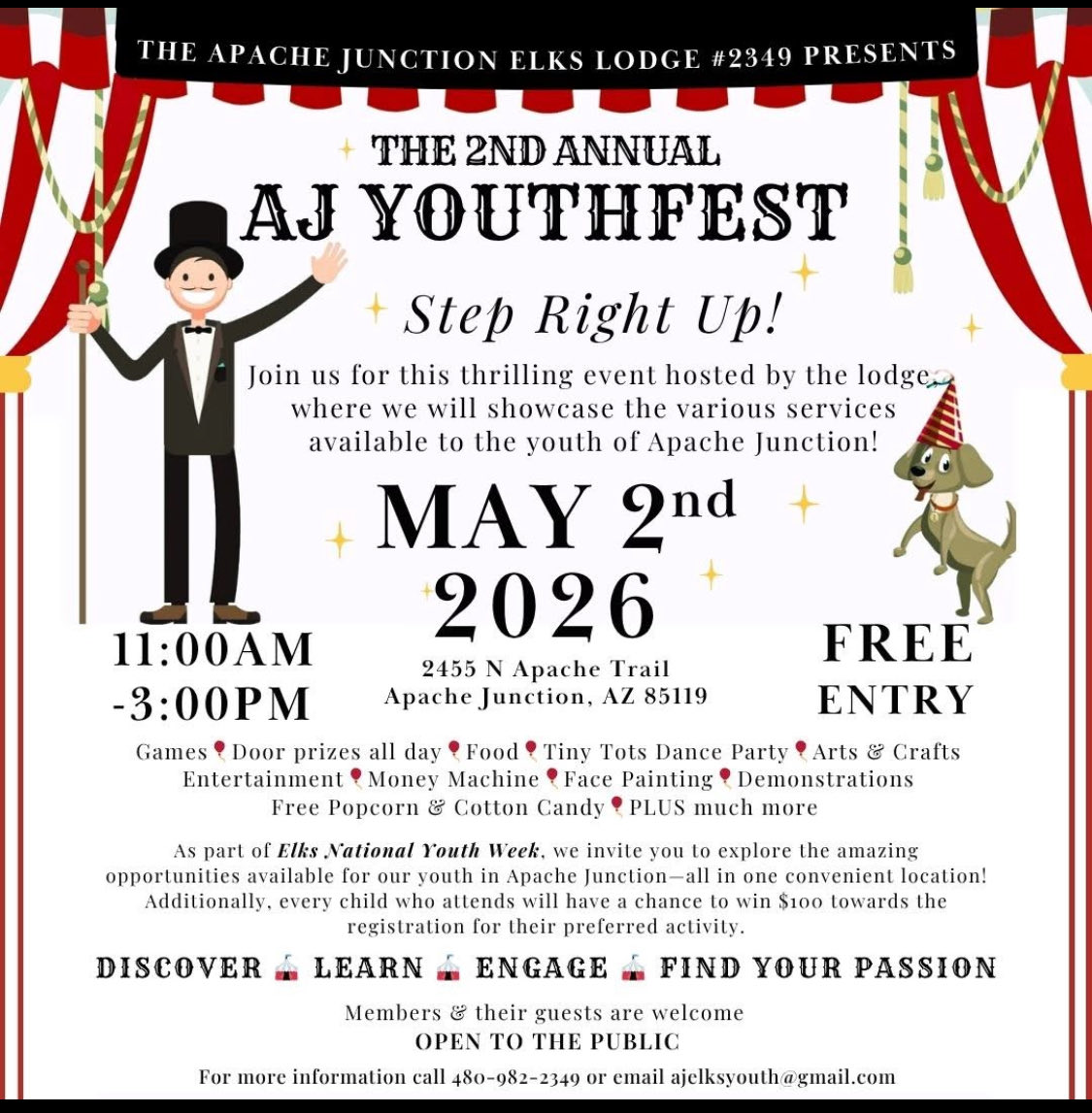 EValleyInsights's tweet photo. Apache Junction is throwing a free community bash for kids this Saturday May 2 starting from 11 to 3 today. Games, face painting, dance party, cotton candy, popcorn, and prize giveaways at the Elks Lodge on Apache Trail. No cost, open to the public. 🎉 #ApacheJunction #EastValley #AJYouthfest #FamilyFun