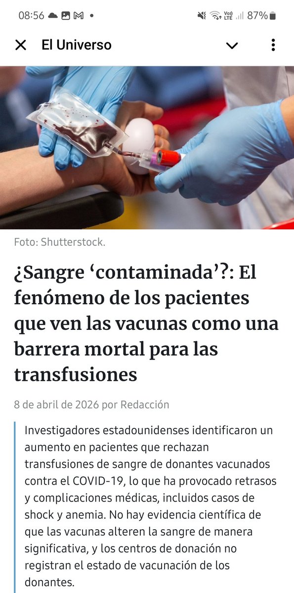 Al fin ! 
El mundo está conociendo el peligro de los tóxicos experimentales 🥲💉☠️🇺🇲📢

Investigadores estadounidenses identificaron un aumento en pacientes que rechazan transfusiones de sangre de donantes vacunados contra el COVID-19.