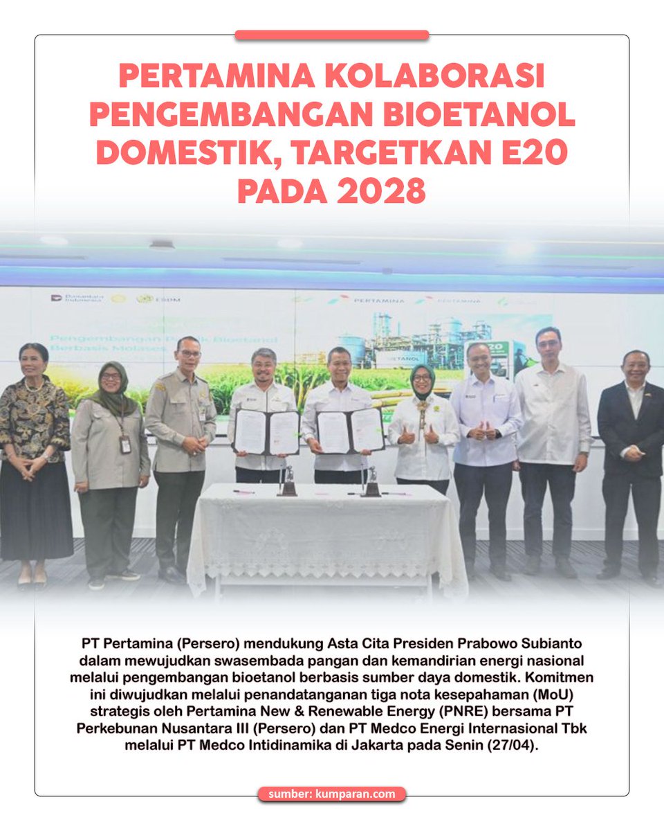 facilitgy's tweet photo. Pertamina mulai tancap gas kembangkan bioetanol domestik. Targetnya, campuran E20 bisa terealisasi di 2028. https://t.co/rlTNtV3RJs