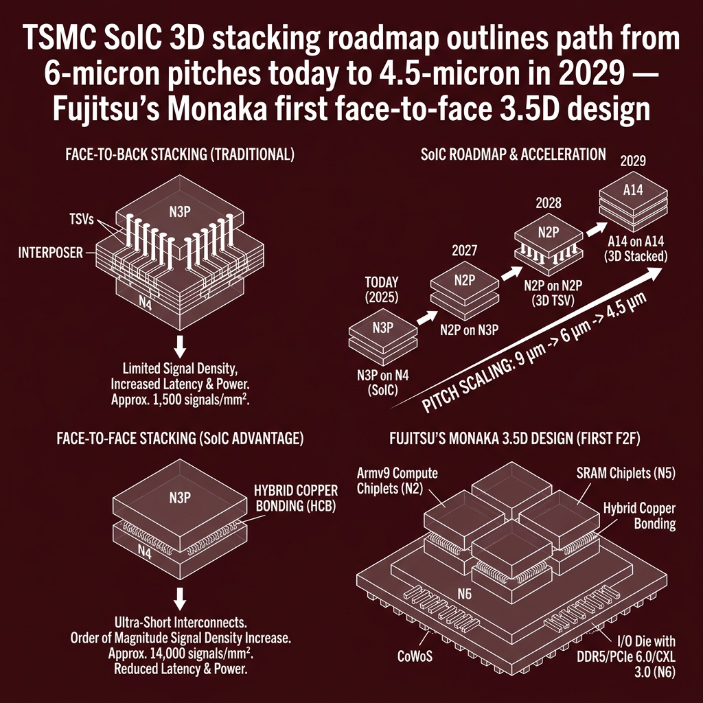 EdsonBellido's tweet image. TSMC's SoIC 3D stacking roadmap is accelerating, targeting 4.5-micron pitches by 2029. This is critical for next-gen compute density. 💡 #Semiconductor #Packaging