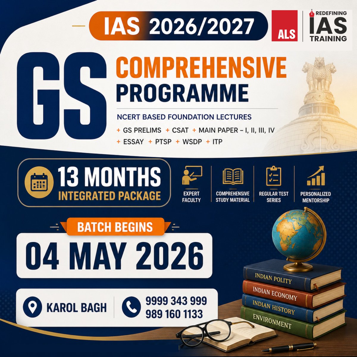 ALS_IAS's tweet image. Ready to crack the UPSC? 🎯 Join ALS IAS in Karol Bagh for our new 13-Month GS Comprehensive Programme for IAS 2026/2027! 🚀

📅 New Batch Starts: 4 May 2026

📞 +91-99993 43999 

#ALSIAS #IAS #UPSC #CivilServices #UPSC2026 #UPSC2027 #GSComprehensiveProgramme #IASCoaching