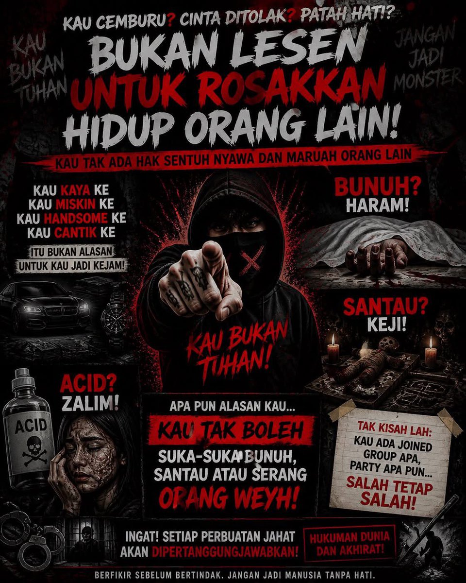 <a href="/ameydeen_/">It's Amey 𝕏</a> Kau cemburu ke kau cinta di tolak ke kau patah hati ke 
Kau tak boleh suka suka bunuh manusia weyh..tak bunuh kau santau manusia tu…
Kau Kaya ke kau miskin ke handsome ke cantik ke
Kau tak boleh suka suka bunuh atau santau orang weyh…
