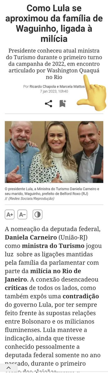 LizAnnergh's tweet photo. @schmittpaula Tudo junto e misturado.

Quaquá indicou a mulher de Waguinho (prefeito), envolvidos com milicias de Belford Roxo para ser ministra de Lula. Moradores dizem que foram ameaçados se não votassem no descondenado. Por isso lula nao queria demitir Daniela. https://t.co/D3UBluZfFM