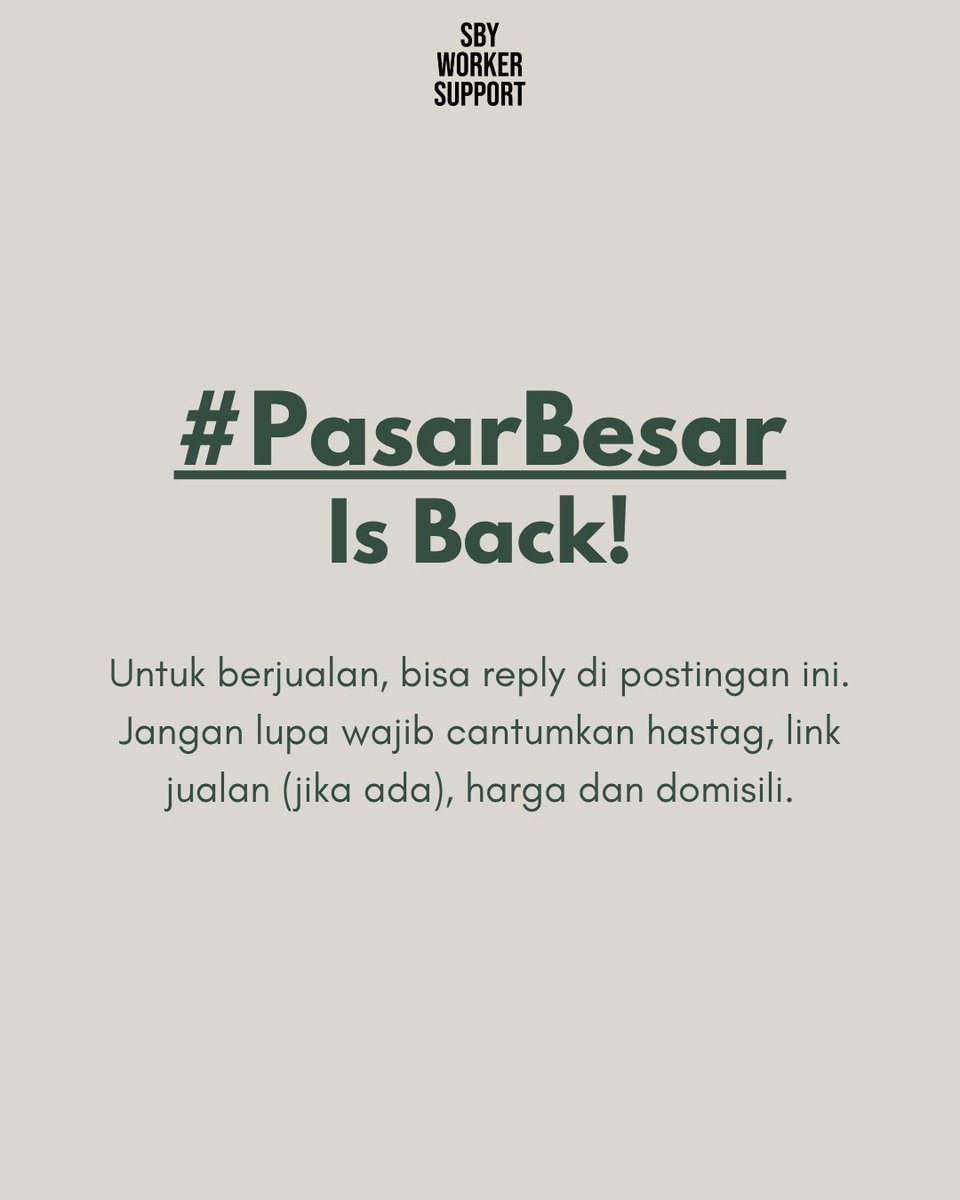 sby_workerspt's tweet photo. Sudah memasuki awal bulan, saatnya #PasarBesar kembali
Bagi kalian yang mau jualan barang-barang yang kalian punya, feel free buat reply di postingan ini yaa!
Wajib cantumkan hastag, harga dan domisili ya π https://t.co/M6kuIXZZxA