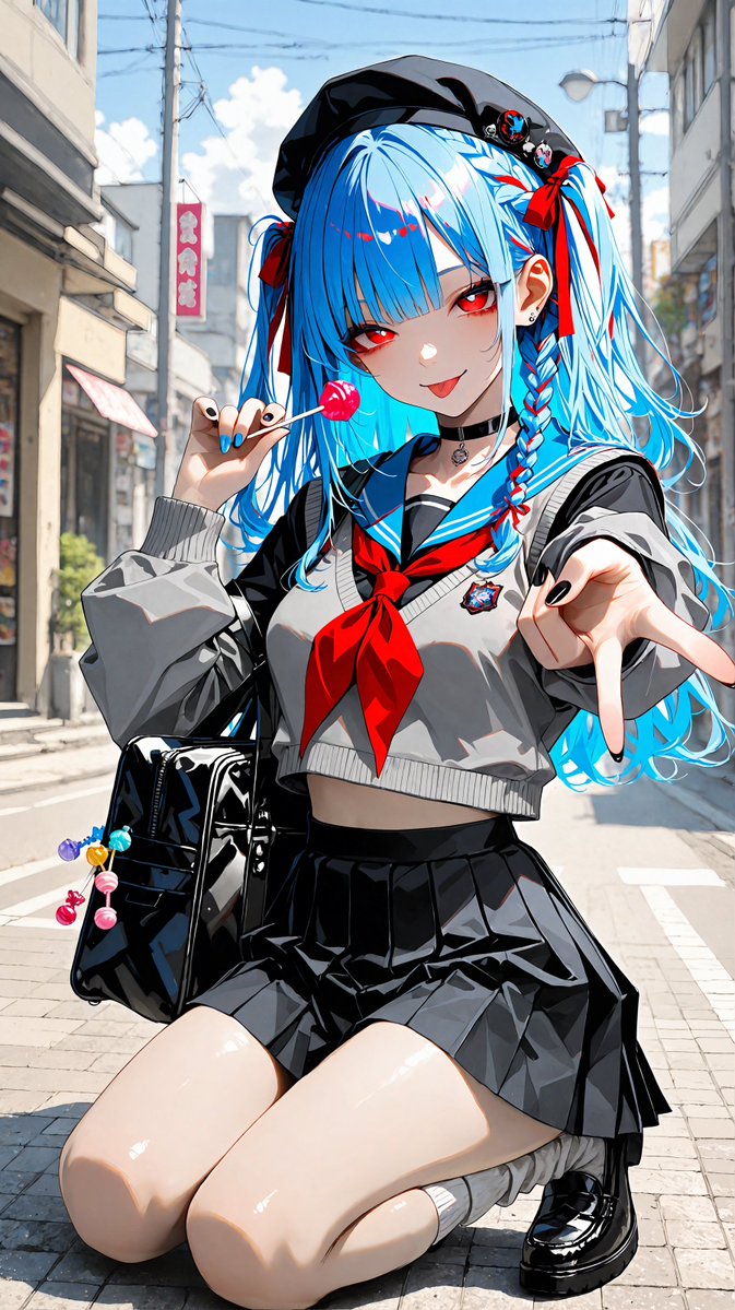 No.669｜青髪ツインテの悪戯っぽい視線で、街角にしゃがみこんだ制服ガール
赤リボンとロリポップの差し色が跳ねる、夏の路地で目を引く一枚