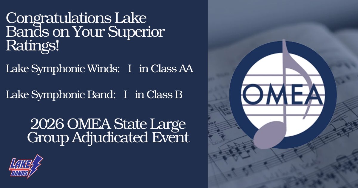 LakeBands's tweet photo. Congratulations to Symphonic Band and Symphonic Winds on their Superior performances yesterday at the 2026 OMEA State Large Group Adjudicated Event at GlenOak High School! https://t.co/4aXujhpUGQ