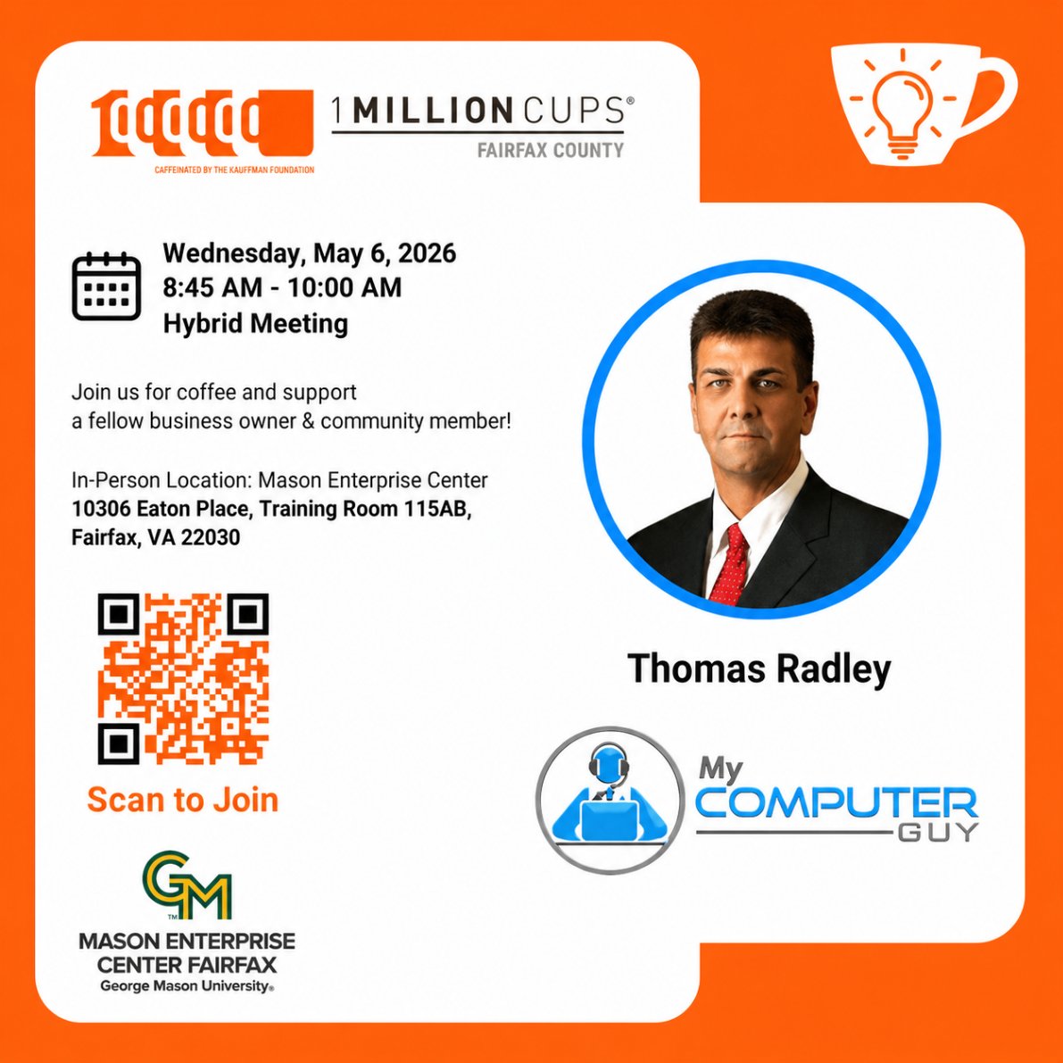 mycomputerguyva's tweet image. 4 Days to Go! ☕️ Join CEO Thomas Radley at 1 Million Cups Fairfax on May 6. In-person or virtual, learn how My Computer Guy lets you focus on being the CEO, not the IT guy! 🚀

Visit: mycomputerguyllc.com
Blog: mycomputerguyllc.com/blog
#1MC #Fairfax #NoVA