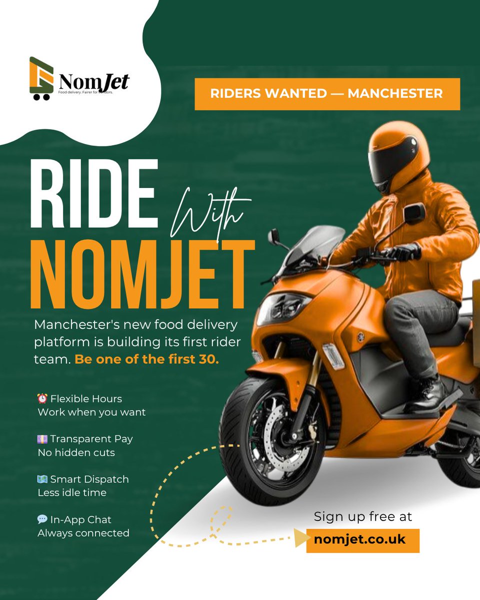 Nomjet_'s tweet image. Manchester riders wanted.

NomJet is building its first rider team, and we’re looking for the first 30.

Flexible hours. Transparent pay. Smart dispatch. In-app chat.

Sign up for free.

#ManchesterJobs #FoodDelivery #RiderJobs #NomJet