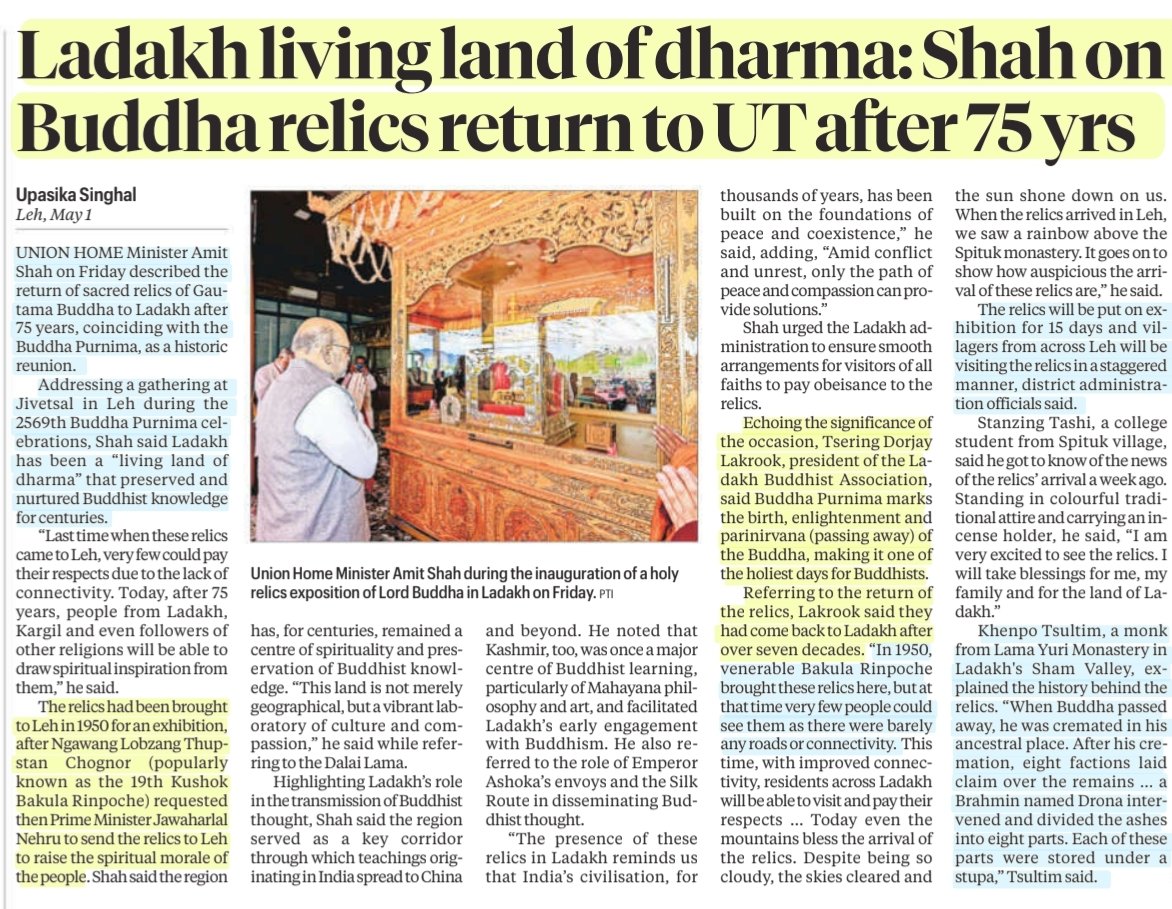 imRavikantYadav's tweet image. Ladakh living land of Dharma: Shah on Buddha's relics return to UT after 75 yrs

:Details by Ms Upasika Singhal

#BuddhaRelics
#Ladakh #Buddhism

#UPSC

Source: IE