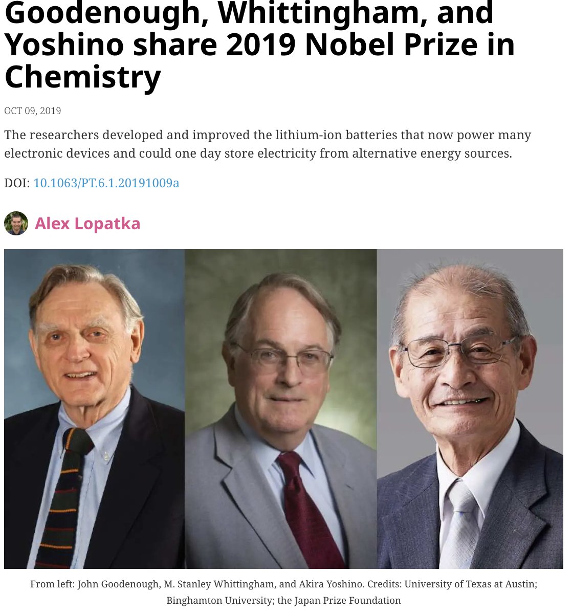 70sBachchan's tweet image. Ironies of Lithium-ion #NobelPrize: Goodenough's project began from Ford looking into lead-acid batteries for EVs in 1970s. Whittingham's at Exxon who wanted a Solar battery Yoshino's at Kasei when Japan led electronics in 80s. New is built from the Old.
physicstoday.aip.org/news/goodenoug…