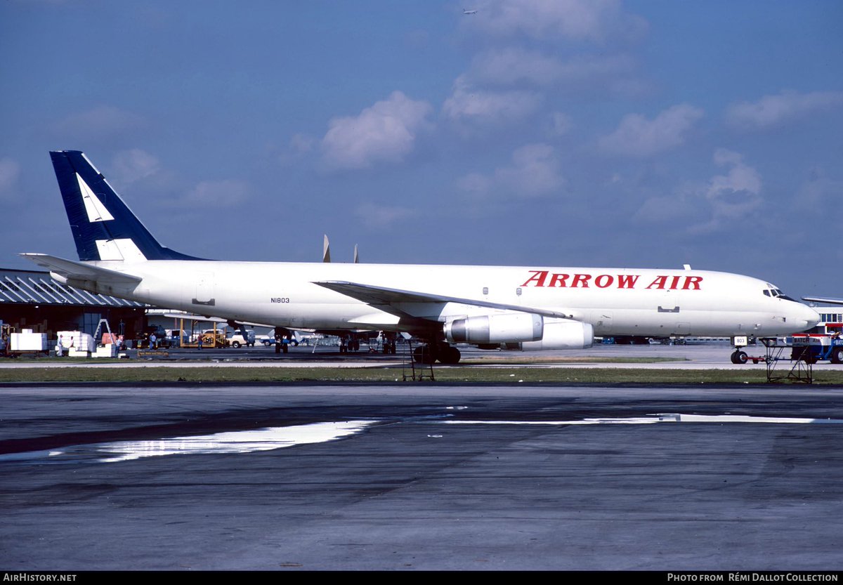 n194at's tweet image. Arrow Air 
Douglas DC-8-62(F) N1803
MIA/KMIA Miami Intl Airport 
April 24, 1986
Photo credit Remi Dallot Collection 
#AvGeek #Aviation #Airline #AvGeeks #Douglas #DC8 #ArrowAir #MIA #Miami @iflymia 🇺🇸