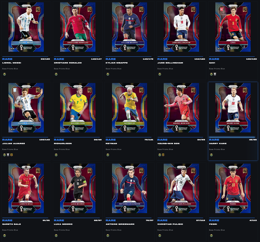 bumsterNFT's tweet image. 2022 Panini NFT Prizm FIFA World Cup Soccer - Rainbow Blue   

auto-completed challenges with a complete 2022 World Cup base set  

now these challenge rewards are increasing in value leading up to the 2026 World Cup  

#Panini #PaniniNFT #FIFAWorldCup