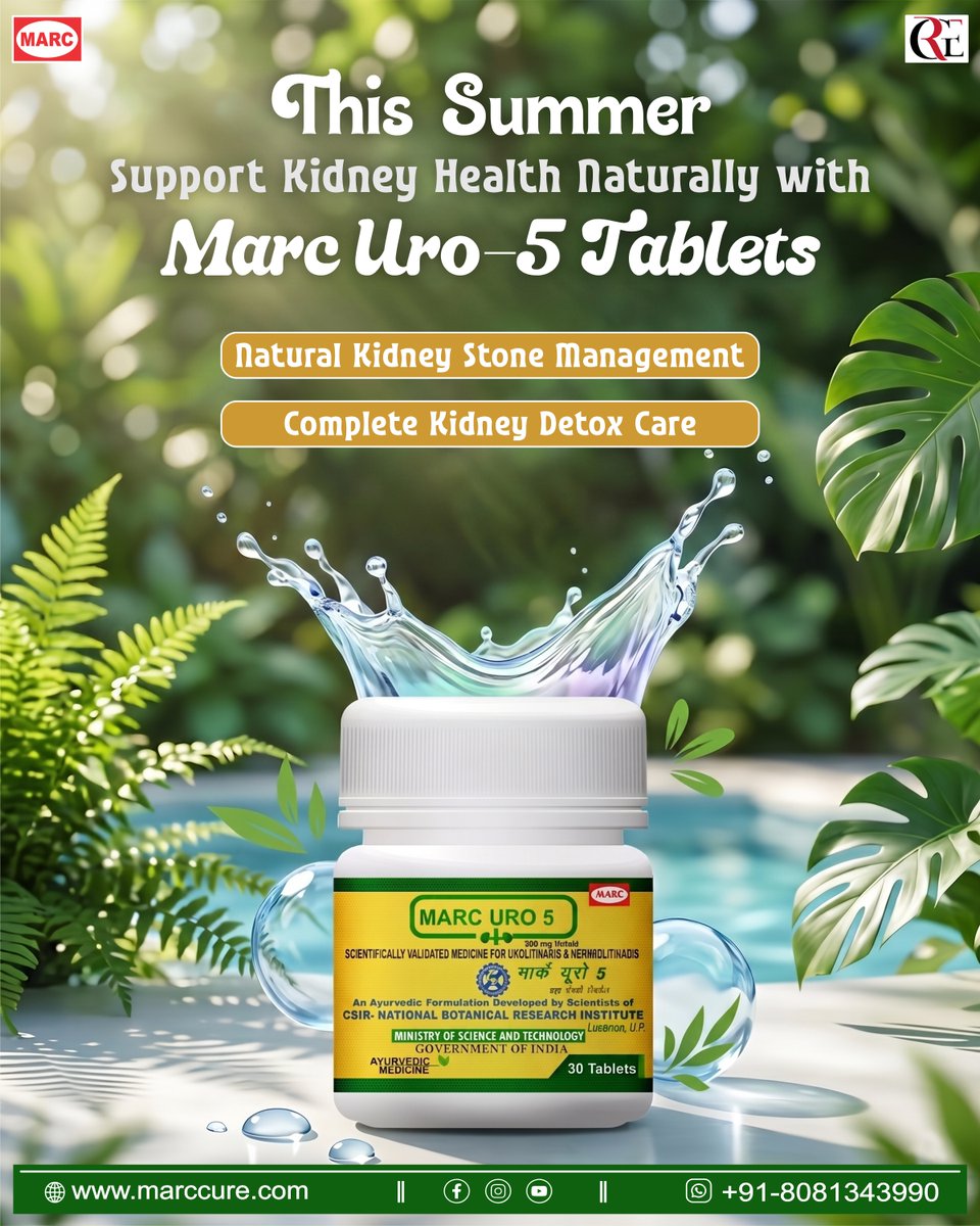 Marcayurveda's tweet image. Support kidney health naturally this summer 🌿
Marc Uro-5 for stone management &amp;amp; detox care.
📞 +91-8081343990
🌐 marccure.com

#KidneyCare #Ayurveda #Health #Detox #Wellness