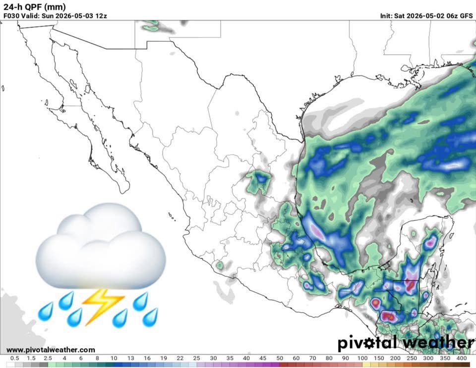 InfoMeteoro's tweet photo. ✅PRONÓSTICO SÁBADO 2/MAY/2026

“Zonas con lluvia, viento y descenso térmico por #FrenteFrío y #AirePolar…”

⛈️LLUVIAS/TORMENTAS FUERTES, (granizo)
-Ver, Hgo, EdoMex, CDMX, Pue, Tlax, Oax, Tab, Chis, Camp, Yuc, QRoo
-Aisladas: NL, SLP, Tamps, Mich, Qro, Mor

🌡️AMBIENTE DIURNO☀️
🔥41-45ºC sureste, Tierra Caliente
🥵36-40ºC todo el Pacífico
🥵31-35ºC occidente, Bajío 
😅25-30ºC centro, oriente
☺️15-25ºC norte, noreste, oriente
🥶5-15ºC Sierra Madre Oriental

⚠️🌬️RÁFAGAS DE VIENTO km/h
>80 Veracruz 
60-80 Dgo, Zac, SLP, Ags, Jal, Gto, Tamps, Tab
30-50 estados del norte, centro, Golfo de México, sureste y zonas de tormentas