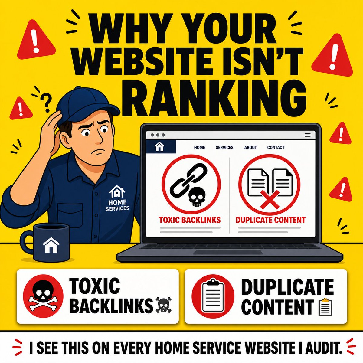 FisDigital's tweet image. Audited dozens of home service websites.
same two problems every time.
Toxic backlinks = Google doesn't trust you 
Duplicate service pages = Google won't rank you
you didn't build authority. you built a red flag.
fix these two things first. then worry about ads. 👇
#HomeServices