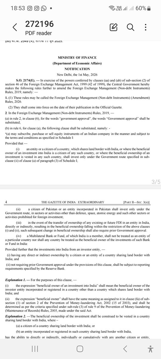 rajeshraipti's tweet image. #Fdi changes for countries sharing land border with India notified under FEMA law