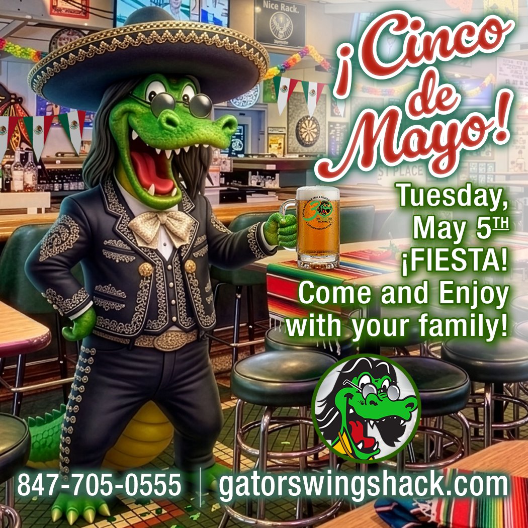 GATORSWINGSHACK's tweet image. 🇲🇽 CELEBRATE CINCO DE MAYO 🇲🇽
Tuesday, May 5 ALL DAY, at Gators Wing Shack.
🌮 Delicious Tacos and 
🍺 Great Drink Specials:
$5 Modelo Especial Pints
$5 Patron Silver Shots
$5 Don Julio Blanco Shots
.  
#palatineil #northwestsuburbs #tacos #ilovetacos #tacostuesday #cincodemayo