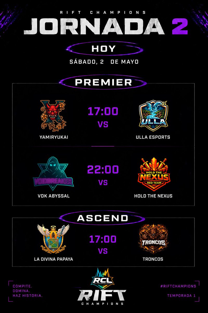 RCL_LoL's tweet image. 🔥 RIFT CHAMPIONS – HOY SÁBADO 🔥

La jornada continúa… nuevos enfrentamientos, mismo objetivo: dominar la grieta.

⚡ PREMIER
🕔 17:00 — YAMIRYUKAI 🆚 ULLA ESPORTS
🕙 22:00 — VDK ABYSSAL 🆚 HOLD THE NEXUS

⚔️ ASCEND
🕔 17:00 — LA DIVINA PAPAYA 🆚 TRONCOS

#RCL #LoL #Esports