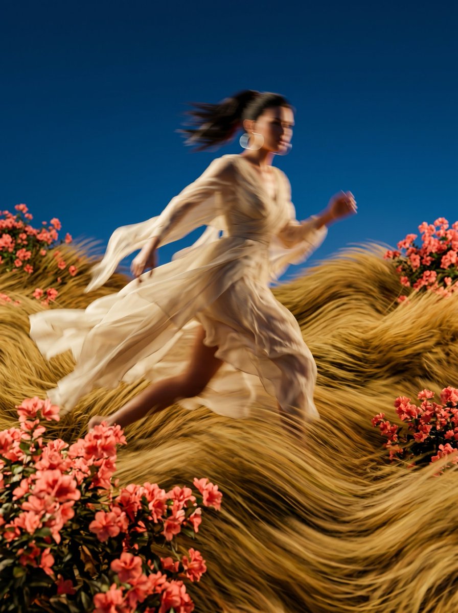A dynamic, low-angle medium shot captures the blurred motion of the person in re