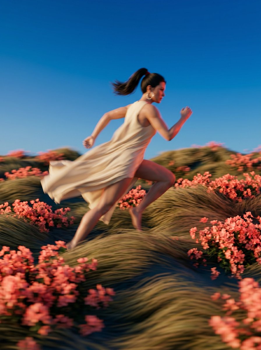 A dynamic, low-angle medium shot captures the blurred motion of the person in re