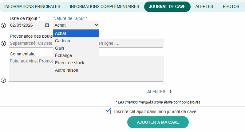 PlatsNetVins's tweet photo. Une nouveauté dans la gestion de cave de https://t.co/UoBsb2rKhH : la "nature d'un ajout" vous permet de mieux préciser le contexte d'un ajout de bouteilles (achat, cadeau, gain, échange, ...). Cette nouvelle donnée s'accompagne d'une nouvelle statistique. https://t.co/6TzABfEpNZ