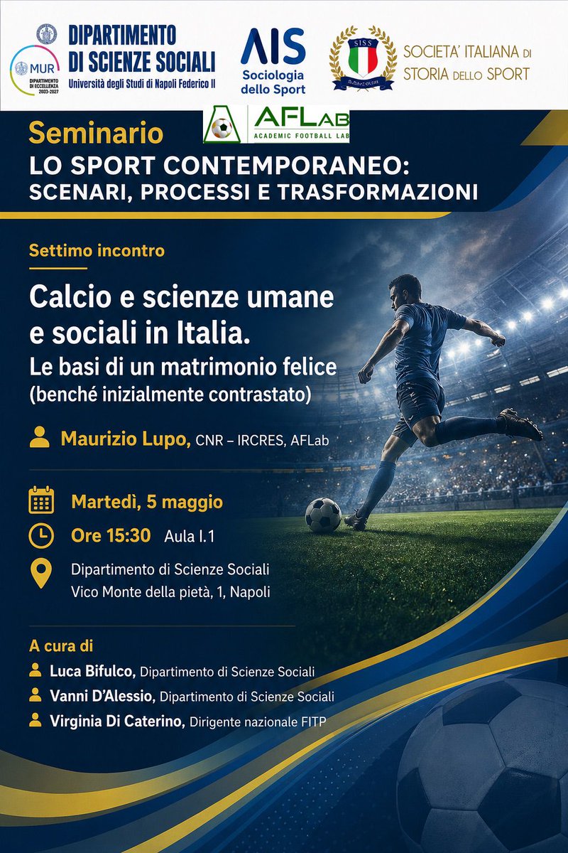 AFLabTw's tweet photo. 🔜 Per il settimo incontro del ciclo di seminari "LO SPORT CONTEMPORANEO: SCENARI, PROCESSI E TRASFORMAZIONI", Maurizio Lupo (CNR – IRCRES, AFLab) sarà il relatore per "Calcio e scienze umane e sociali in Italia. Le basi di un matrimonio felice (benché inizialmente contrastato)" https://t.co/ao7cYgSEwC