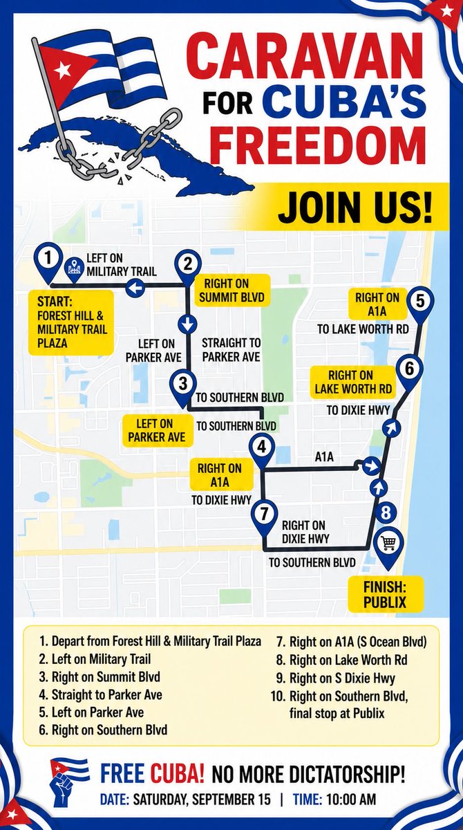 LolitaLola254's tweet photo. 🚨 TOMORROW – CARAVAN FOR FREEDOM 🚨

Cubans and supporters of liberty in West Palm Beach—this is our moment to show up and be heard.

📅 Tomorrow
📍 West Palm Beach area
⏰ Be ready, bring your flags, signs, and your voice

We will be rallying together as a caravan to demand Freedom for Cuba and stand united against dictatorship.

Bring your family, your friends, and your energy. Let’s make it impossible to ignore our message.

🇨🇺 Freedom is not negotiable. Patria y Vida. 🇨🇺

#FreeCuba #PatriaYVida #CubaLibre #WPB #CaravanForFreedom