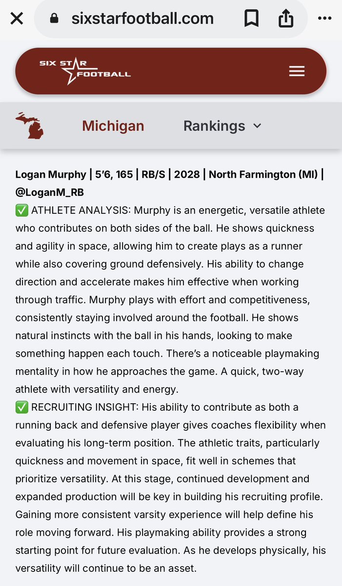 LoganM_RB's tweet photo. Thank you @sixstarfootball for the write up. I really appreciate the time to put into this. Looking forward to showing the results of my hard work this offseason. https://t.co/zFcI7Nm5Ko