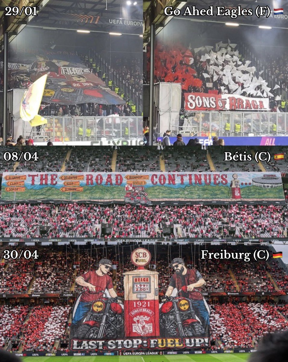 Os “Sons of Braga” voltam a atacar: o 5° tifo em 3 meses. ❤️

Um story telling genial, three match linked: 
• Deventer 🇳🇱 (F);
• Bétis 🇪🇸 (C);
• Freiburg 🇩🇪 (C);

Dos que semana após semana mostram que são incomparáveis em Portugal 🇵🇹.