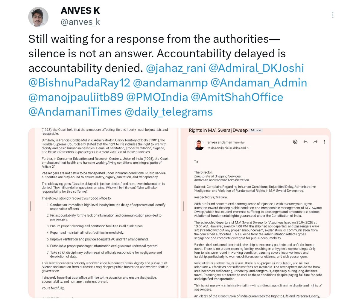 anves_k's tweet photo. @jahaz_rani I have already emailed your institution (@jahaz_rani), yet the silence speaks volumes. This glaring lack of accountability is unacceptable—responsibility cannot be brushed aside with indifference. Immediate action and a transparent response are expected. https://t.co/ovRBRvpTwZ