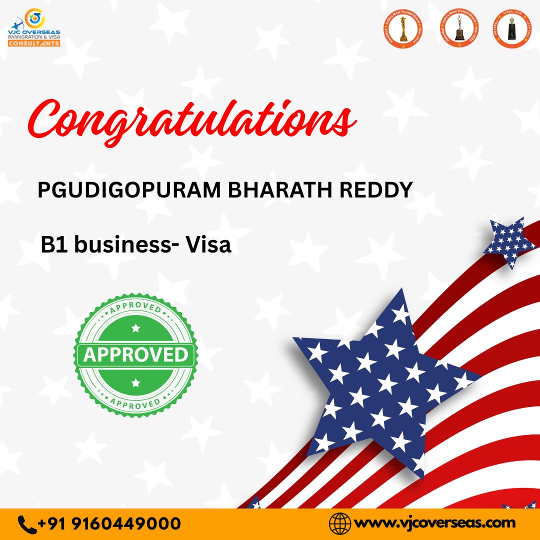 VJCOVERSEAS's tweet image. Heartiest congratulations to Pgudigopuram Bharath Reddy on the successful approval of the B1 Business Visa!
Wishing you great success on your international journey ahead
📞 +91 9160449000
🌐 vjcoverseas.com
#VisaApproved #B1Visa #SuccessStory #VJCOverseas #DreamAchieved